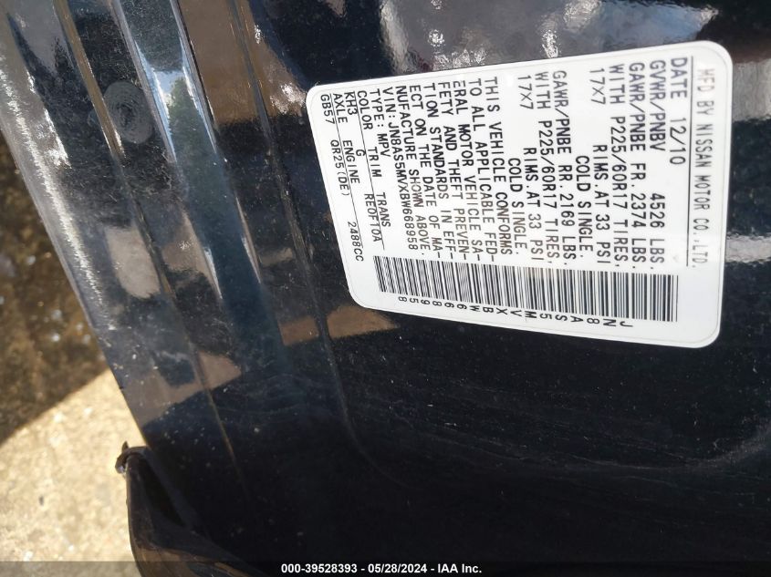 2011 Nissan Rogue Sv VIN: JN8AS5MVXBW668958 Lot: 39528393