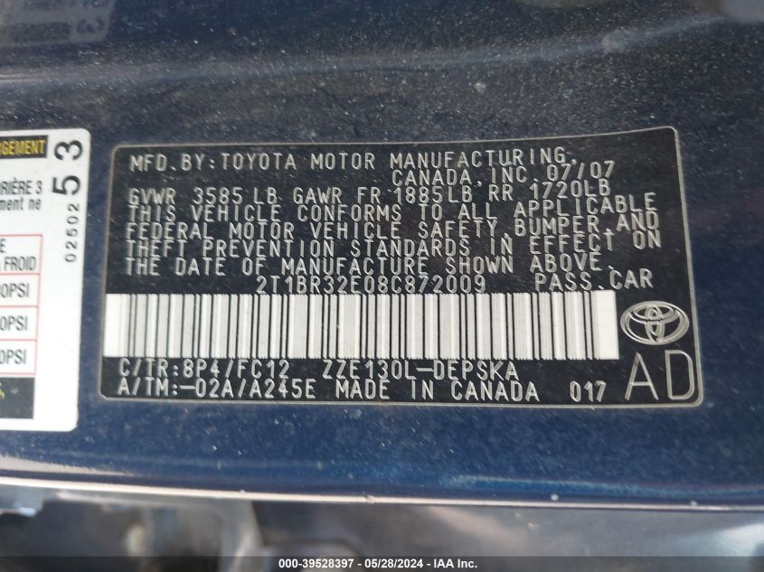 2008 Toyota Corolla S VIN: 2T1BR32E08C872009 Lot: 39528397