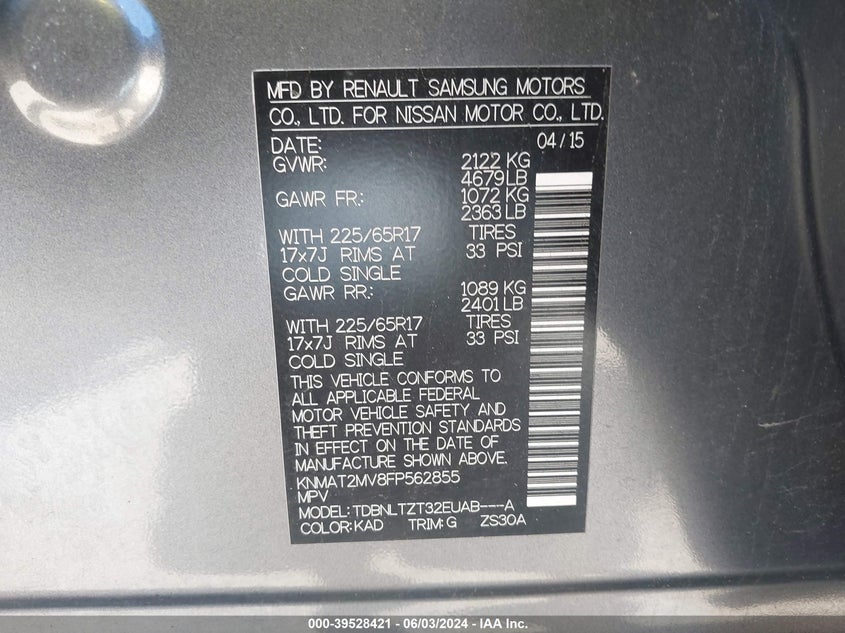 2015 Nissan Rogue Sv VIN: KNMAT2MV8FP562855 Lot: 39528421