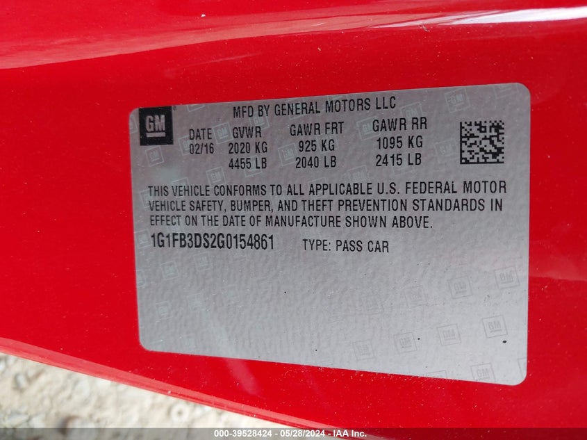 2016 Chevrolet Camaro 1Lt VIN: 1G1FB3DS2G0154861 Lot: 39528424
