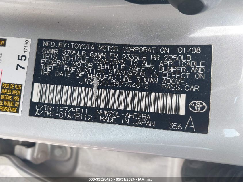 2008 Toyota Prius Standard VIN: JTDKB20U387744812 Lot: 39528425