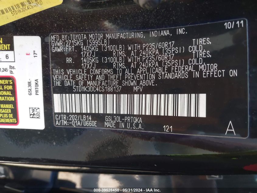 2012 Toyota Sienna Xle V6 8 Passenger VIN: 5TDYK3DC4CS188137 Lot: 39528450