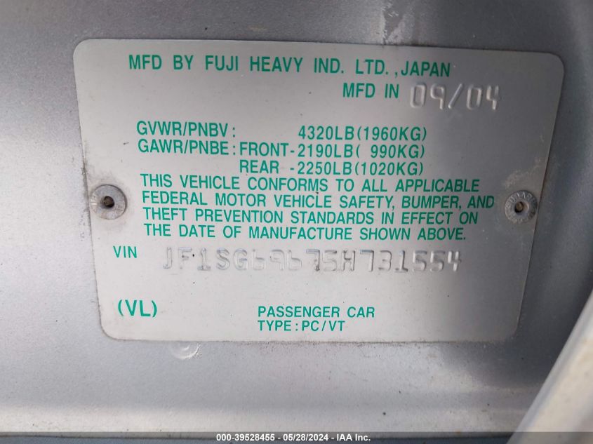 2005 Subaru Forester 2.5Xt VIN: JF1SG69675H731554 Lot: 39528455