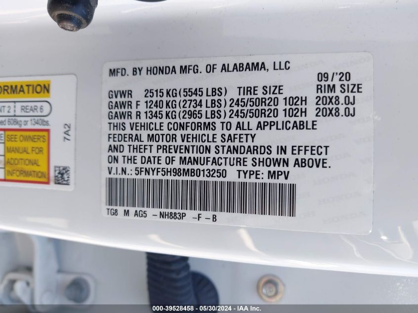 2021 Honda Pilot 2Wd Touring 8 Passenger VIN: 5FNYF5H98MB013250 Lot: 39528458
