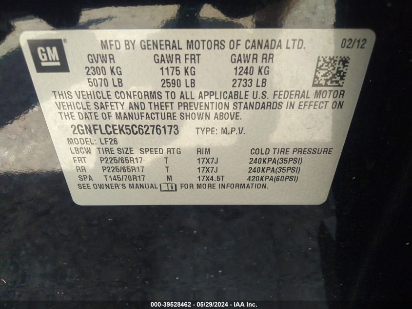 2012 Chevrolet Equinox Ls VIN: 2GNFLCEK5C6276173 Lot: 39528462