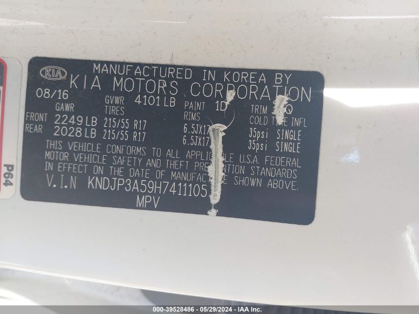 2017 Kia Soul + VIN: KNDJP3A59H7411105 Lot: 39528486