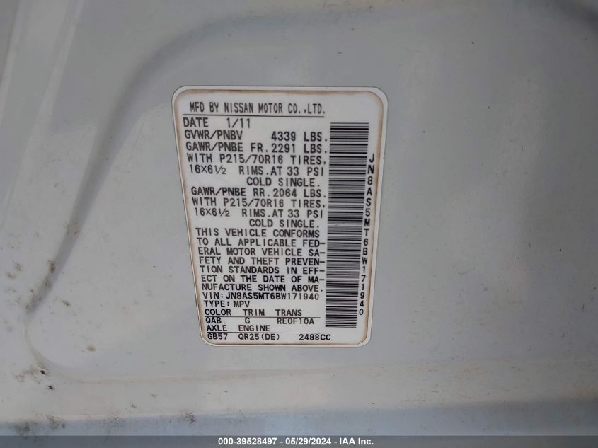 2011 Nissan Rogue S VIN: JN8AS5MT6BW171940 Lot: 39528497