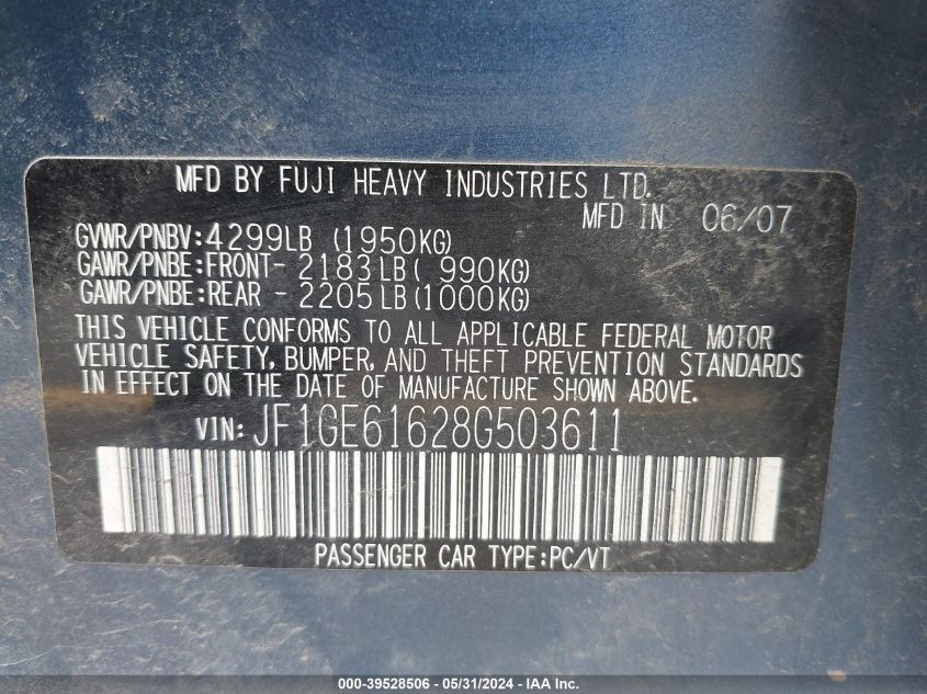 2008 Subaru Impreza 2.5I VIN: JF1GE61628G503611 Lot: 39528506