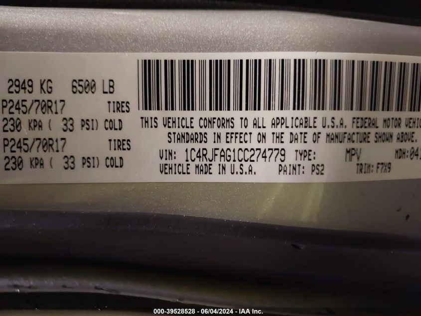 2012 Jeep Grand Cherokee Laredo VIN: 1C4RJFAG1CC274779 Lot: 39528528