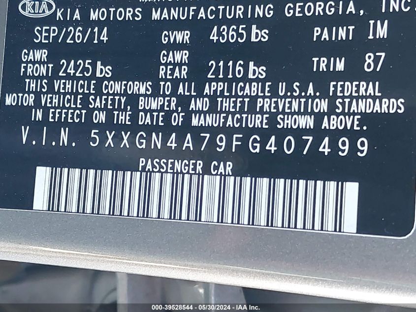 2015 Kia Optima Ex VIN: 5XXGN4A79FG407499 Lot: 39528544