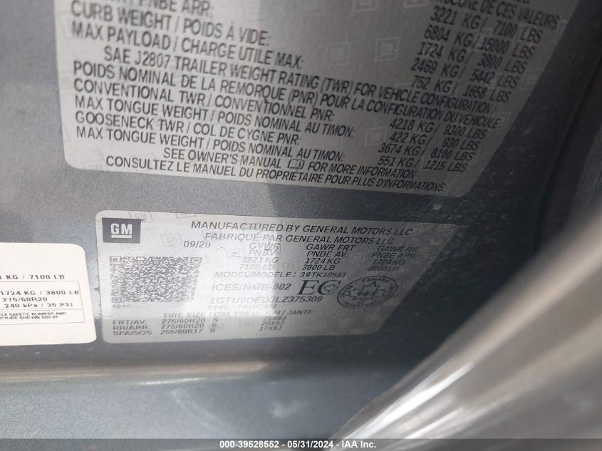 2020 GMC Sierra 1500 4Wd Short Box Slt/4Wd Standard Box Slt VIN: 1GTU9DED3LZ375309 Lot: 39528552
