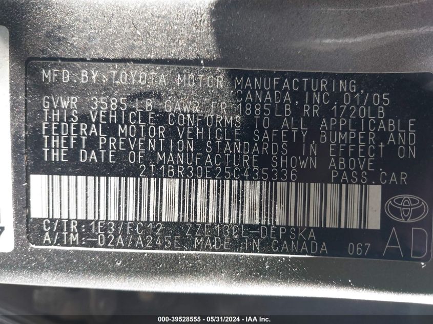 2005 Toyota Corolla S VIN: 2T1BR30E25C435336 Lot: 39528555