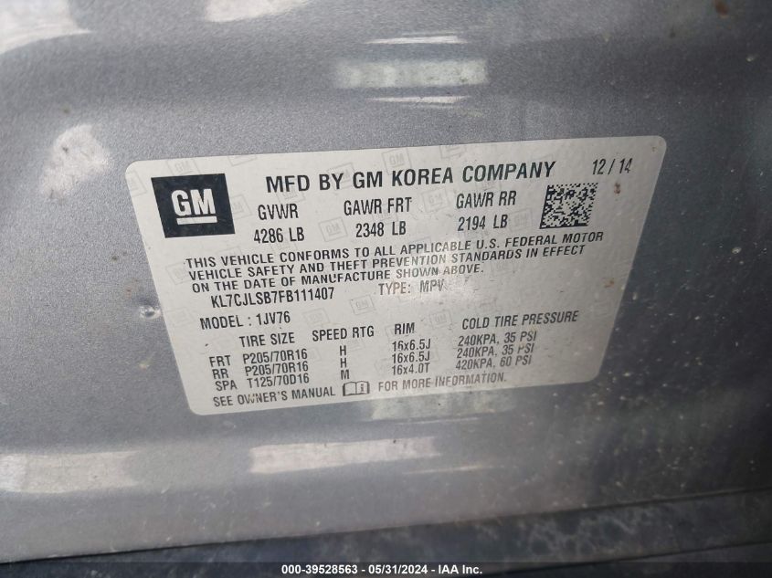 2015 Chevrolet Trax Lt VIN: KL7CJLSB7FB111407 Lot: 39528563