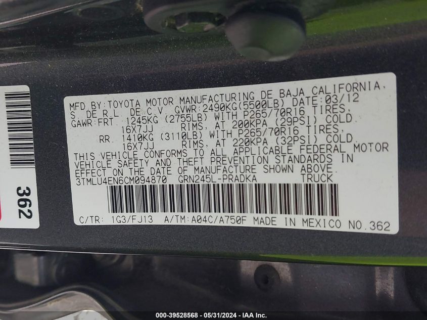 2012 Toyota Tacoma Base V6 VIN: 3TMLU4EN6CM094870 Lot: 39528568
