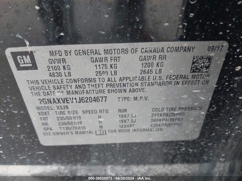 2018 Chevrolet Equinox Premier VIN: 2GNAXVEV1J6204677 Lot: 39528572