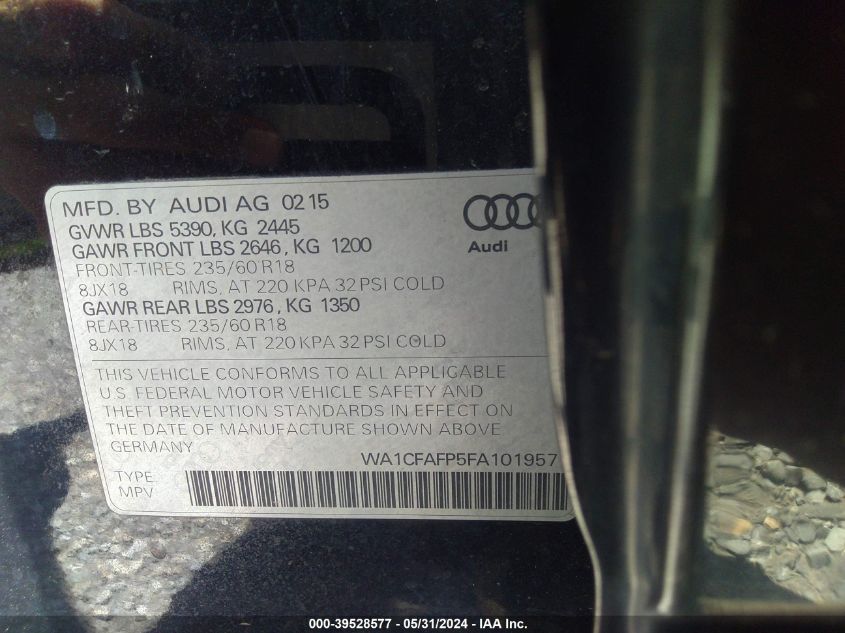 2015 Audi Q5 2.0T Premium VIN: WA1CFAFP5FA101957 Lot: 39528577