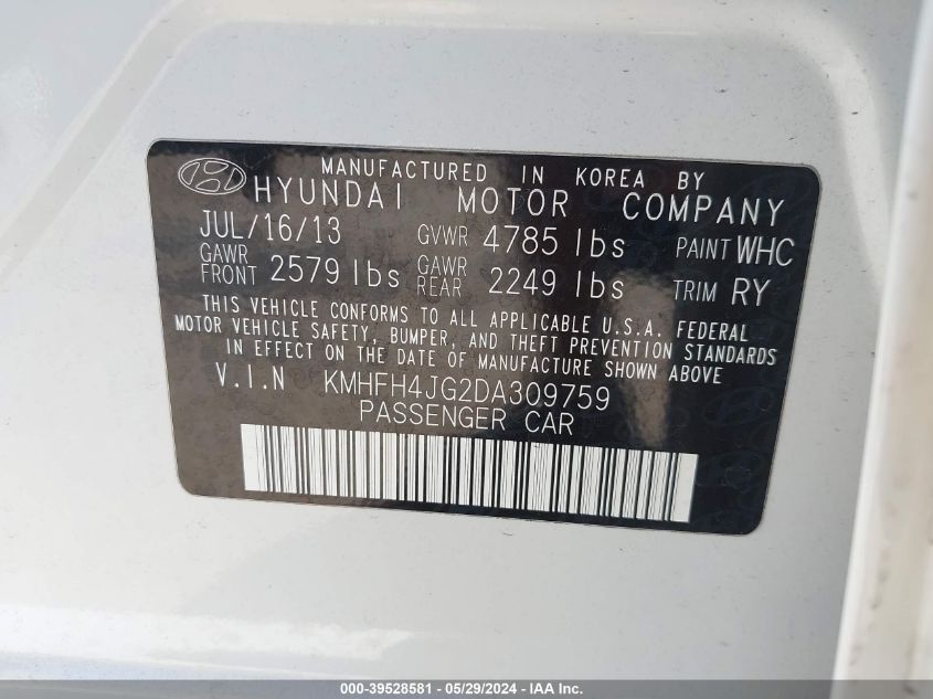 2013 Hyundai Azera VIN: KMHFH4JG2DA309759 Lot: 39528581