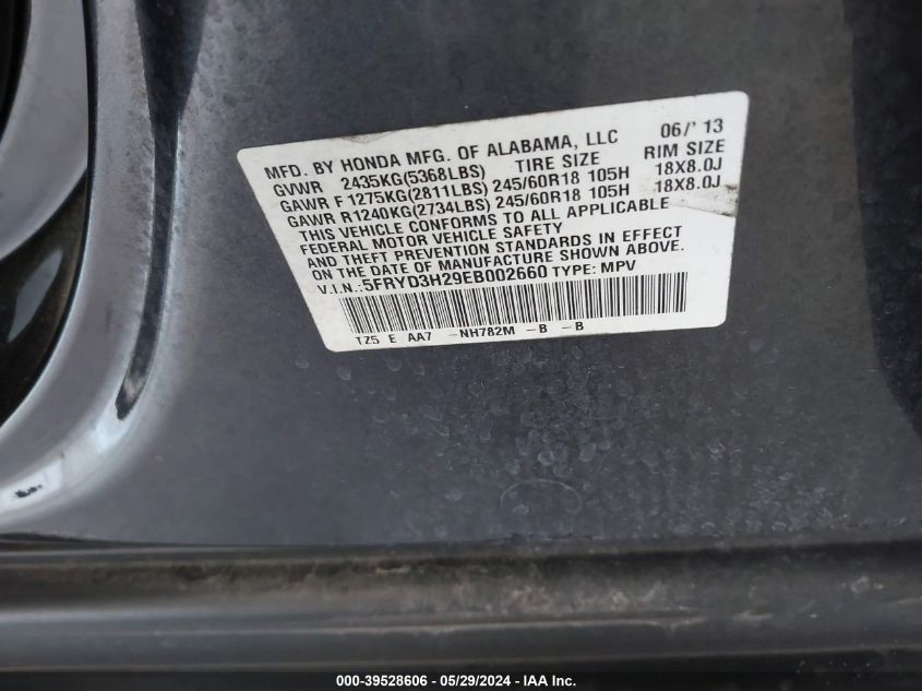 2014 Acura Mdx VIN: 5FRYD3H29EB002660 Lot: 39528606