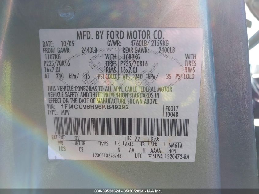 2006 Ford Escape Hybrid VIN: 1FMCU96H96KB49292 Lot: 39528624