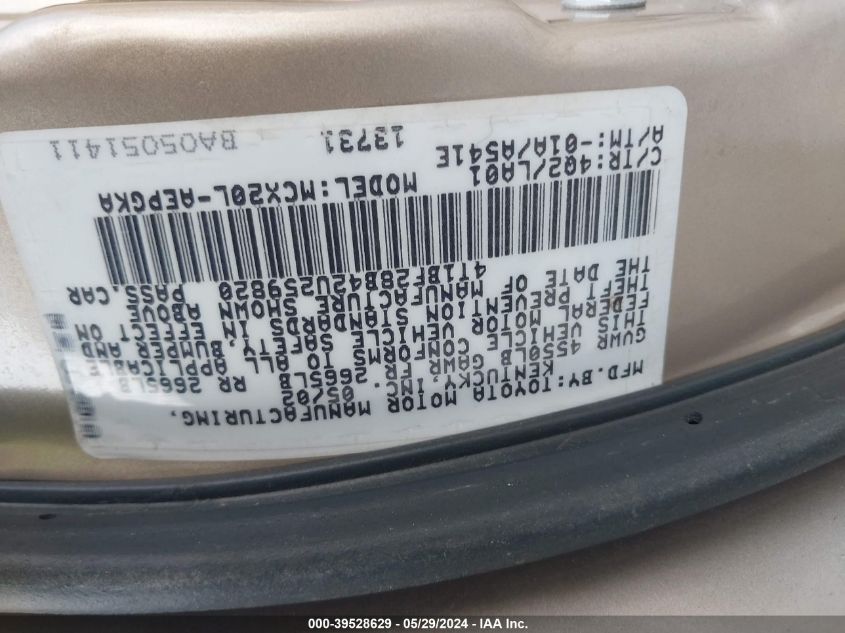 2002 Toyota Avalon Xls VIN: 4T1BF28B42U259820 Lot: 39528629