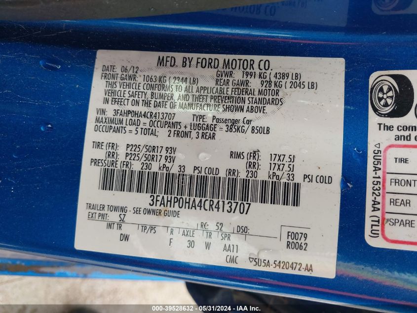 2012 Ford Fusion Se VIN: 3FAHP0HA4CR413707 Lot: 39528632