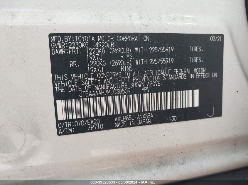 2021 Toyota Venza Limited VIN: JTEAAAAH7MJ038509 Lot: 39528633