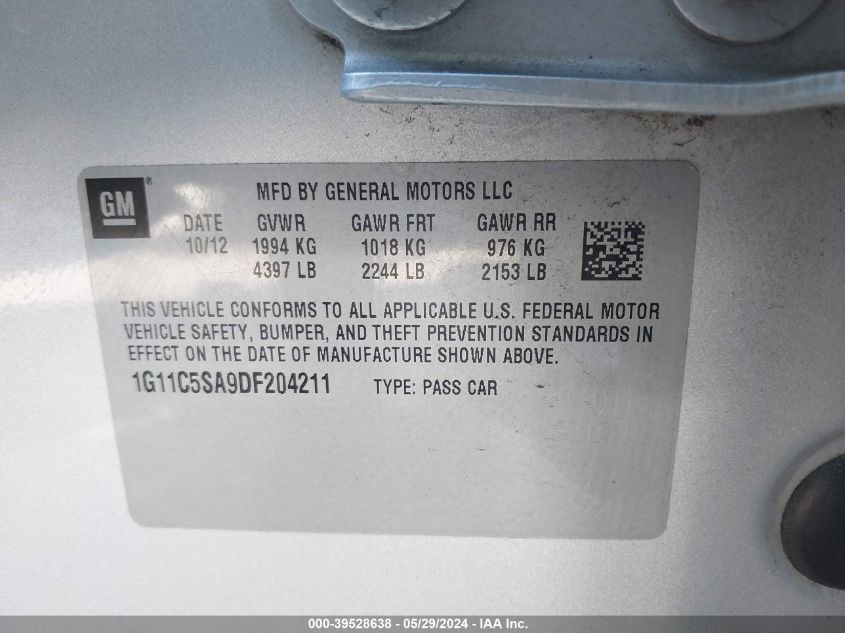 2013 Chevrolet Malibu 1Lt VIN: 1G11C5SA9DF204211 Lot: 39528638
