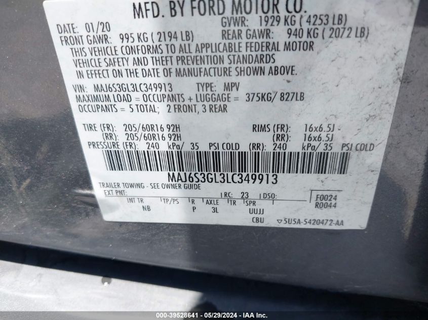 2020 Ford Ecosport Se VIN: MAJ6S3GL3LC349913 Lot: 39528641