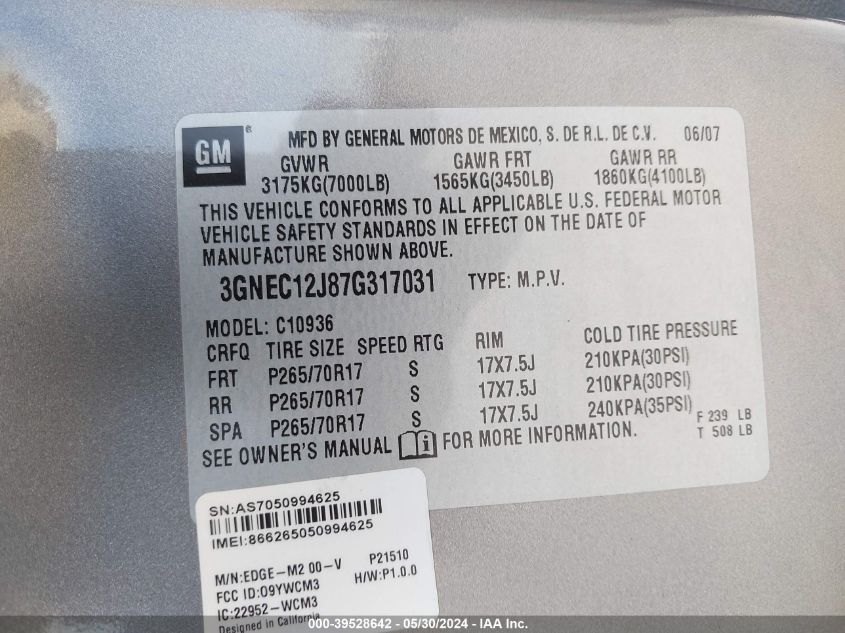 2007 Chevrolet Avalanche 1500 Lt VIN: 3GNEC12J87G317031 Lot: 39528642