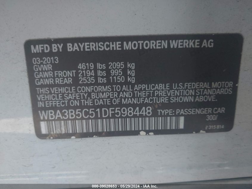 2013 BMW 328I xDrive VIN: WBA3B5C51DF598448 Lot: 39528653