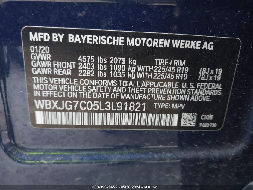 2020 BMW X1 Sdrive28I VIN: WBXJG7C05L3L91821 Lot: 39528655