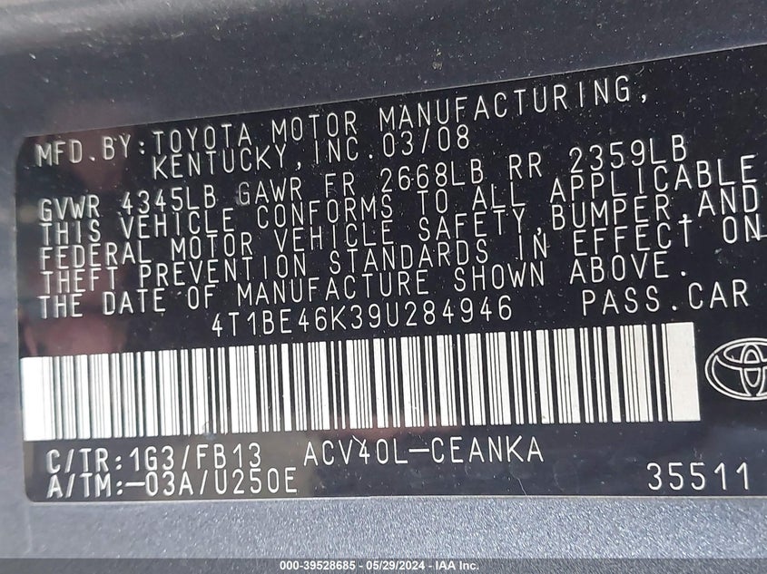 2009 Toyota Camry Le VIN: 4T1BE46K39U284946 Lot: 39528685