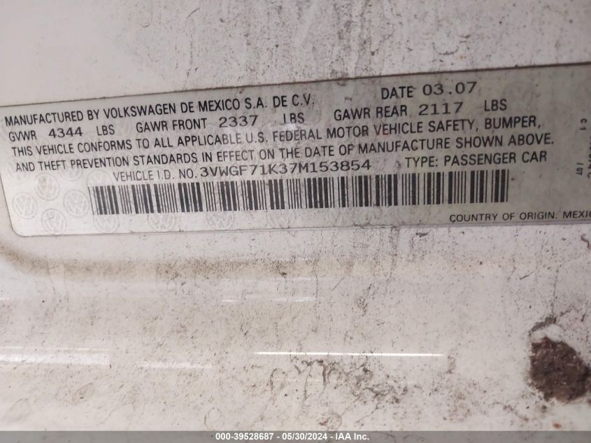 2007 Volkswagen Jetta VIN: 3VWGF71K37M153854 Lot: 39528687