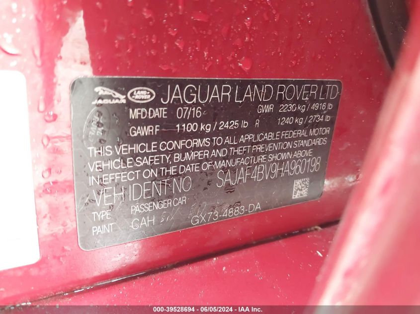 2017 Jaguar Xe 35T R-Sport VIN: SAJAF4BV9HA960198 Lot: 39528694