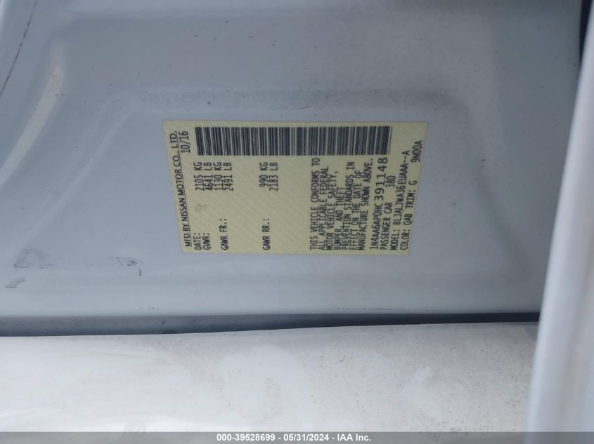 2017 Nissan Maxima 3.5 Sv VIN: 1N4AA6AP0HC391148 Lot: 39528699