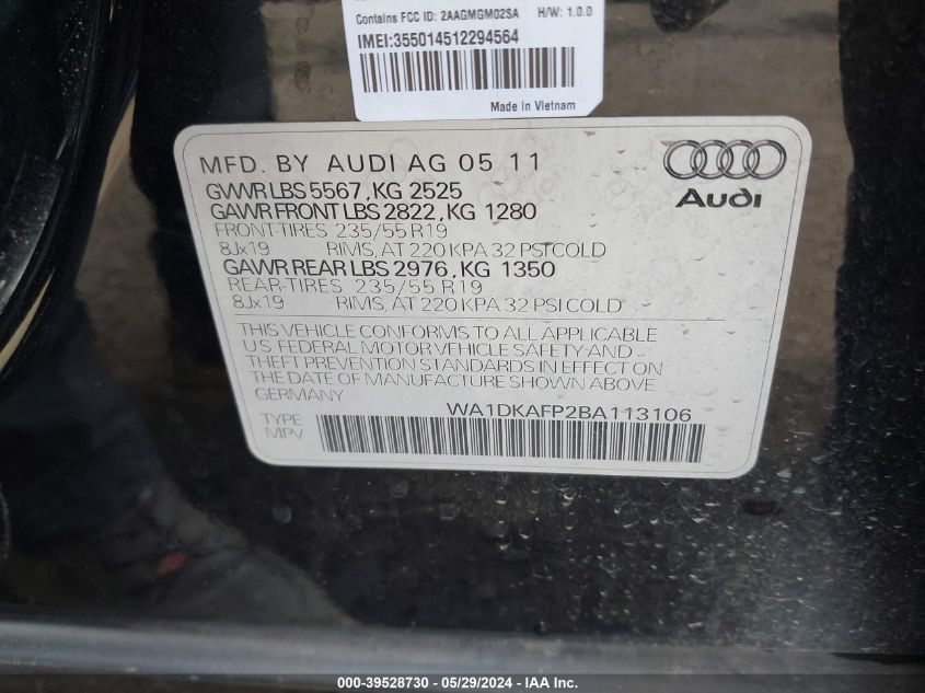 2011 Audi Q5 3.2 Premium Plus VIN: WA1DKAFP2BA113106 Lot: 39528730