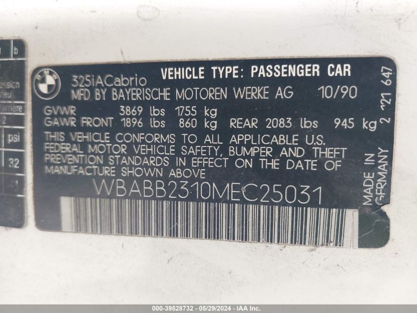1991 BMW 325 Ic Automatic VIN: WBABB2310MEC25031 Lot: 39528732
