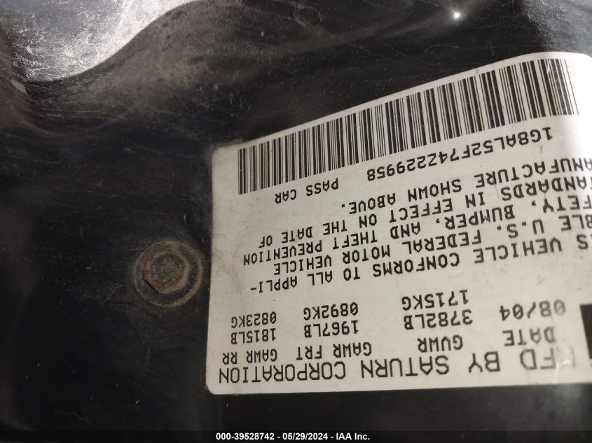 2004 Saturn Ion 3 VIN: 1G8AL52F74Z229958 Lot: 39528742