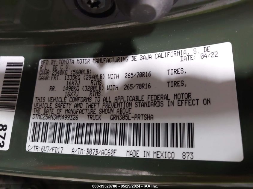 2022 Toyota Tacoma Trd Off Road VIN: 3TMCZ5AN3NM499326 Lot: 39528780