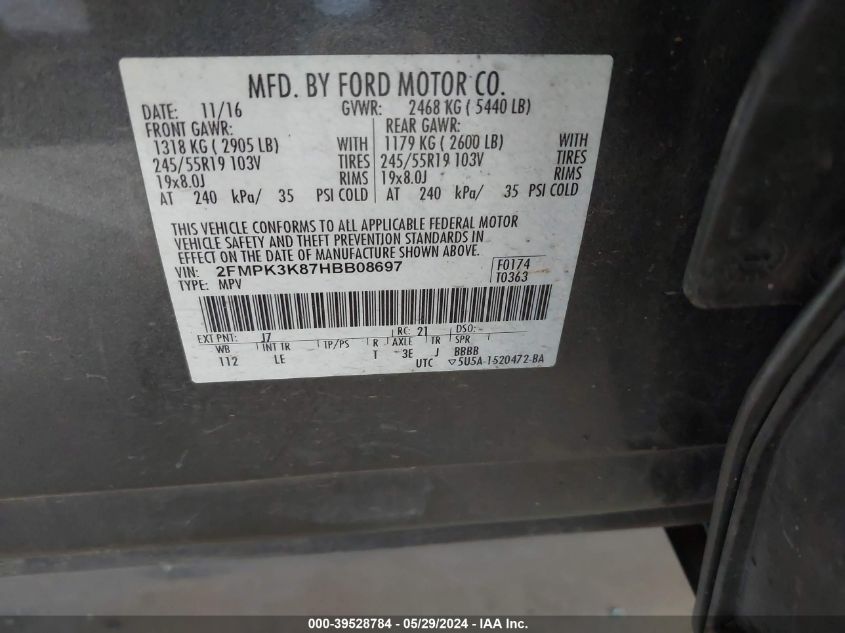 2017 Ford Edge Titanium VIN: 2FMPK3K87HBB08697 Lot: 39528784