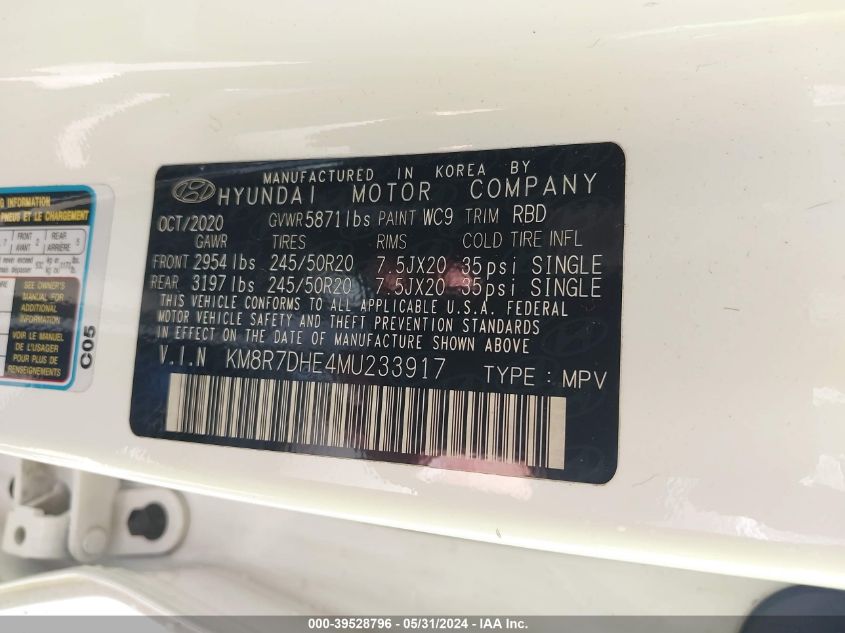 2021 Hyundai Palisade Calligraphy VIN: KM8R7DHE4MU233917 Lot: 39528796