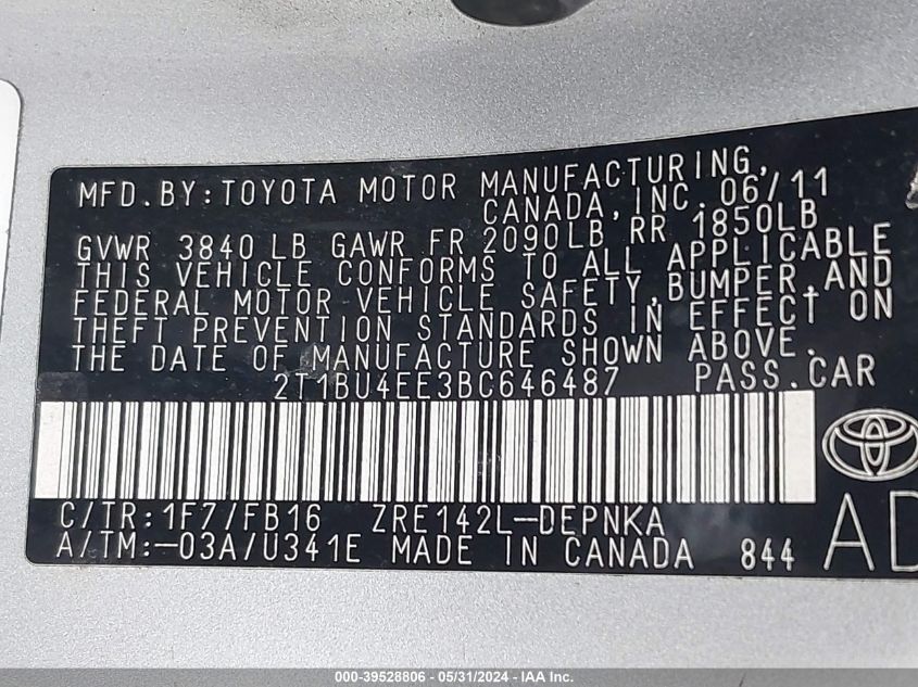 2011 Toyota Corolla S/Le VIN: 2T1BU4EE3BC646487 Lot: 39528806