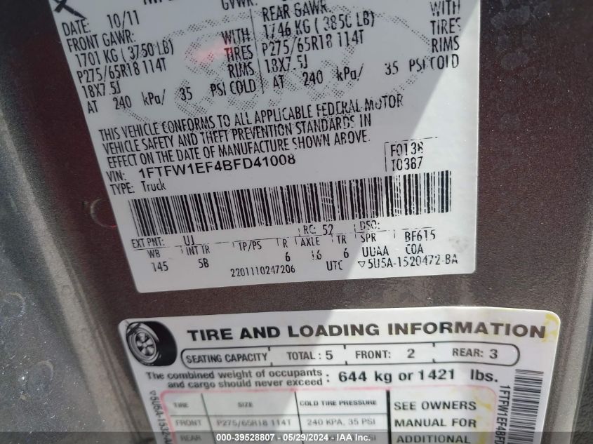 2011 Ford F-150 Fx4 VIN: 1FTFW1EF4BFD41008 Lot: 39528807