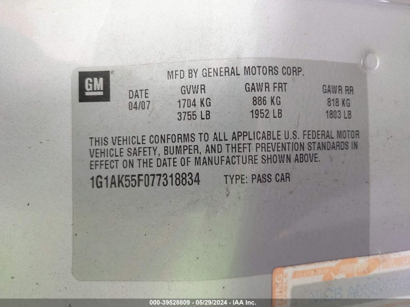2007 Chevrolet Cobalt Ls VIN: 1G1AK55F077318834 Lot: 39528809