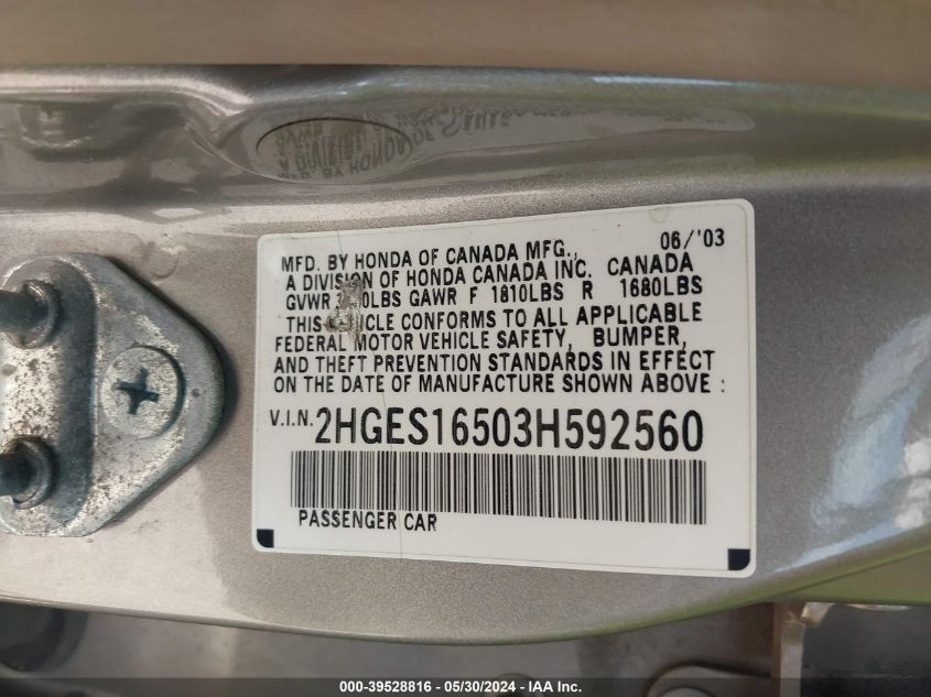 2003 Honda Civic Lx VIN: 2HGES16503H592560 Lot: 39528816