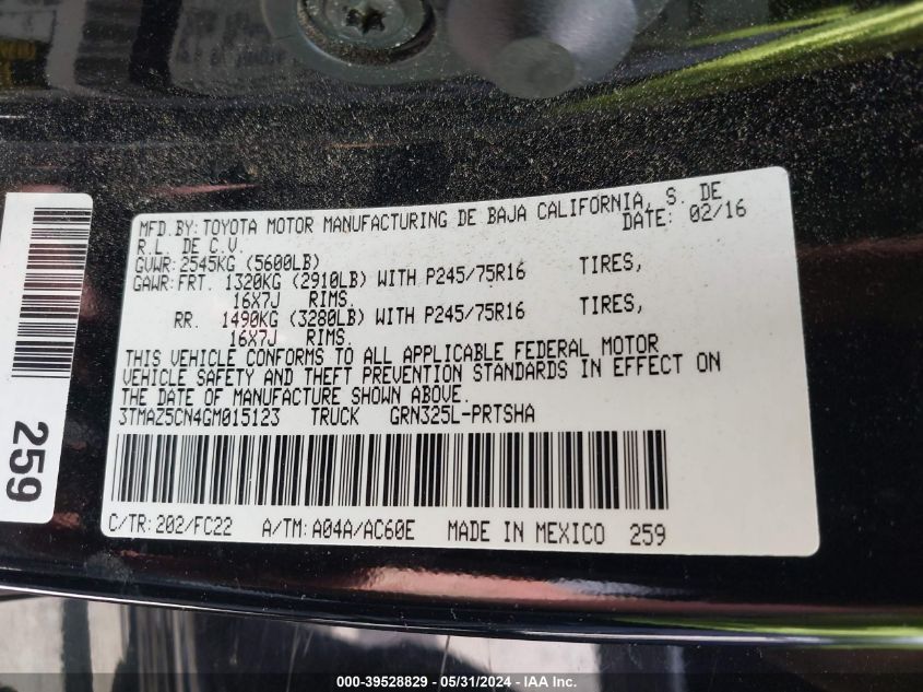 2016 Toyota Tacoma Sr5 V6 VIN: 3TMAZ5CN4GM015123 Lot: 39528829