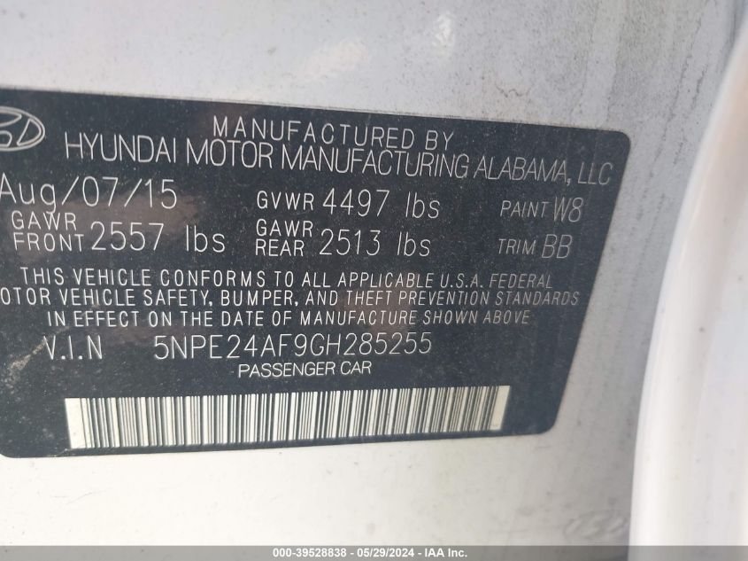 2016 Hyundai Sonata Se VIN: 5NPE24AF9GH285255 Lot: 39528838