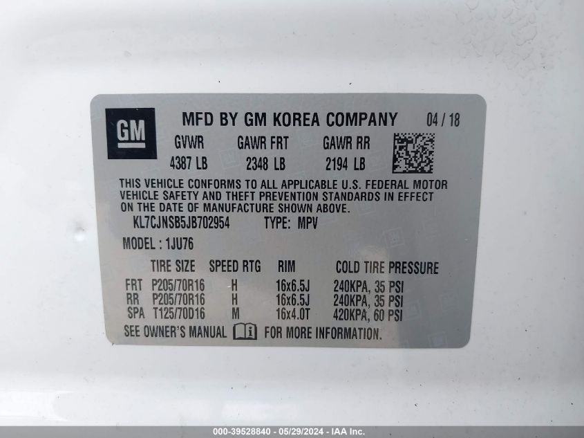 2018 Chevrolet Trax Ls VIN: KL7CJNSB5JB702954 Lot: 39528840