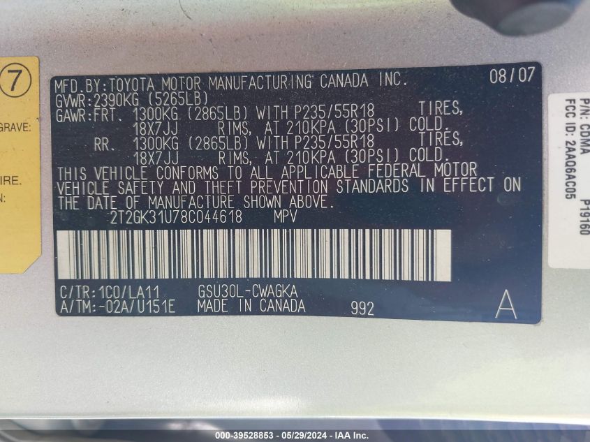 2008 Lexus Rx 350 VIN: 2T2GK31U78C044618 Lot: 39528853