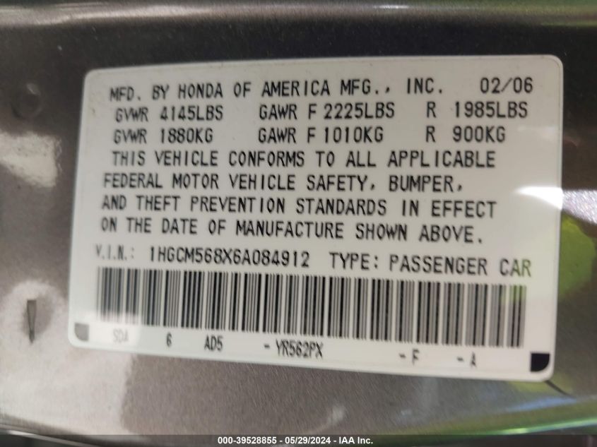 2006 Honda Accord 2.4 Ex VIN: 1HGCM568X6A084912 Lot: 39528855